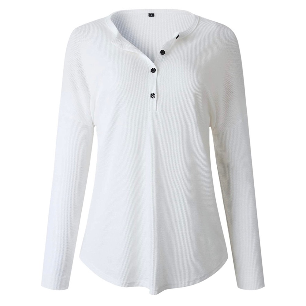 Waffle Knit Cozy White Henley with Long Sleeves and Curved Hem
